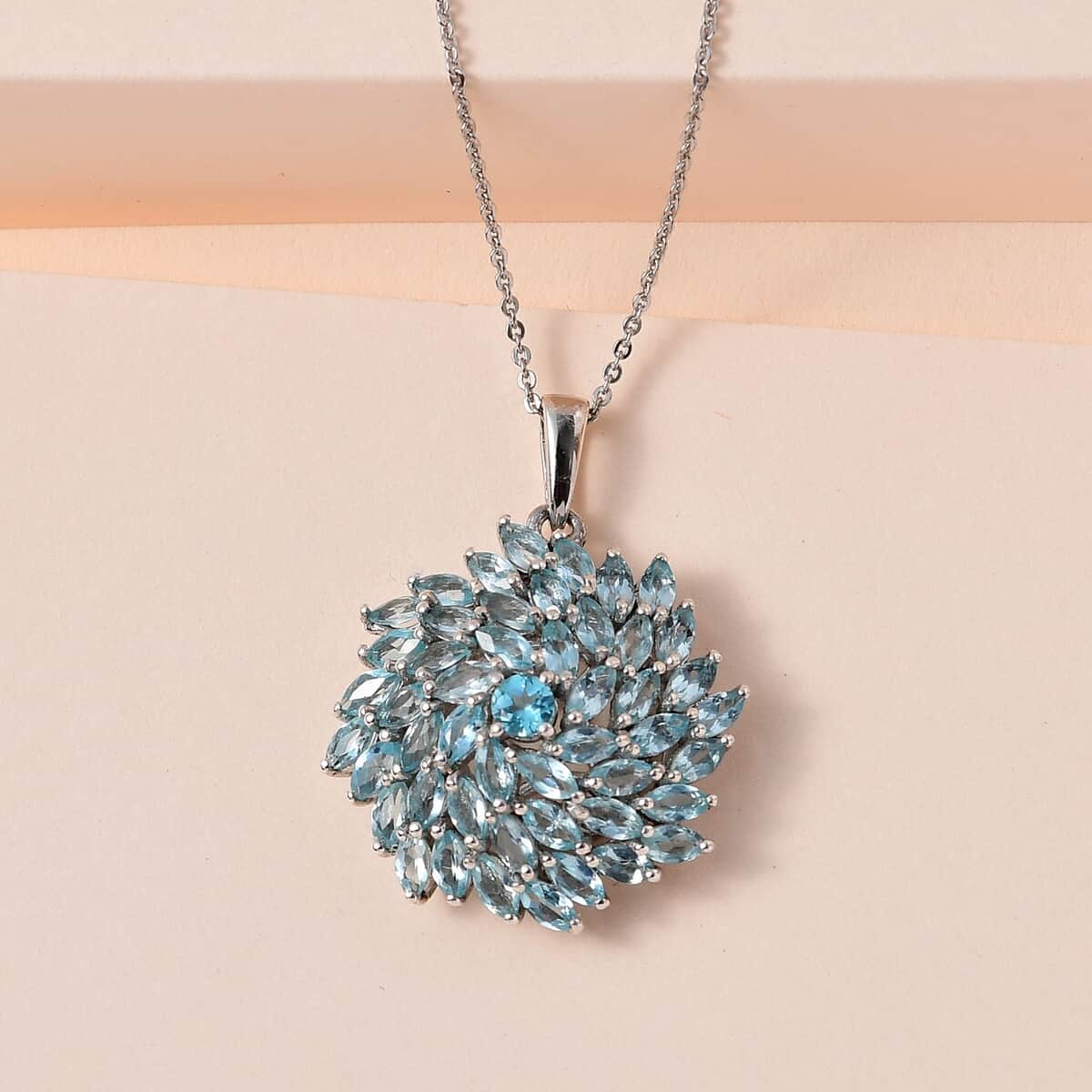 Madagascar Paraiba Apatite Floral Pendant Necklace 20 Inches in Platinum Over Sterling Silver 4.50 ctw image number 1