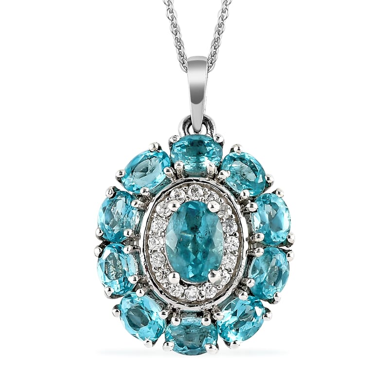 Madagascar Paraiba Apatite and Moissanite Cocktail Pendant Necklace 20 Inches in Platinum Over Sterling Silver 2.65 ctw
