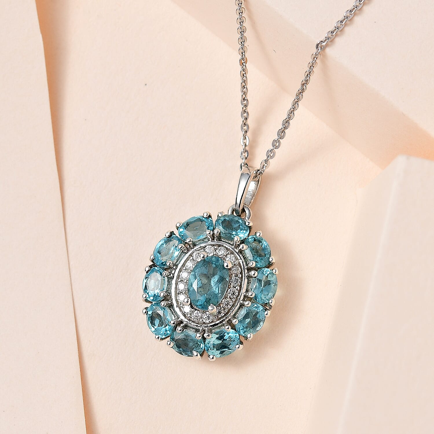Madagascar Paraiba Apatite and Moissanite Cocktail Pendant Necklace 20 Inches in Platinum Over Sterling Silver 2.65 ctw