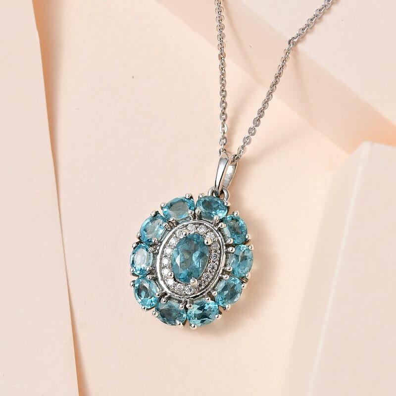 Madagascar Paraiba Apatite and Moissanite Cocktail Pendant Necklace 20 Inches in Platinum Over Sterling Silver 2.65 ctw
