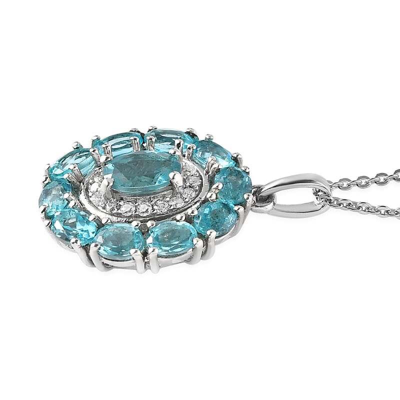 Madagascar Paraiba Apatite and Moissanite Cocktail Pendant Necklace 20 Inches in Platinum Over Sterling Silver 2.65 ctw
