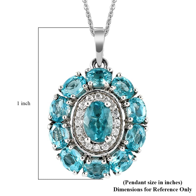 Madagascar Paraiba Apatite and Moissanite Cocktail Pendant Necklace 20 Inches in Platinum Over Sterling Silver 2.65 ctw