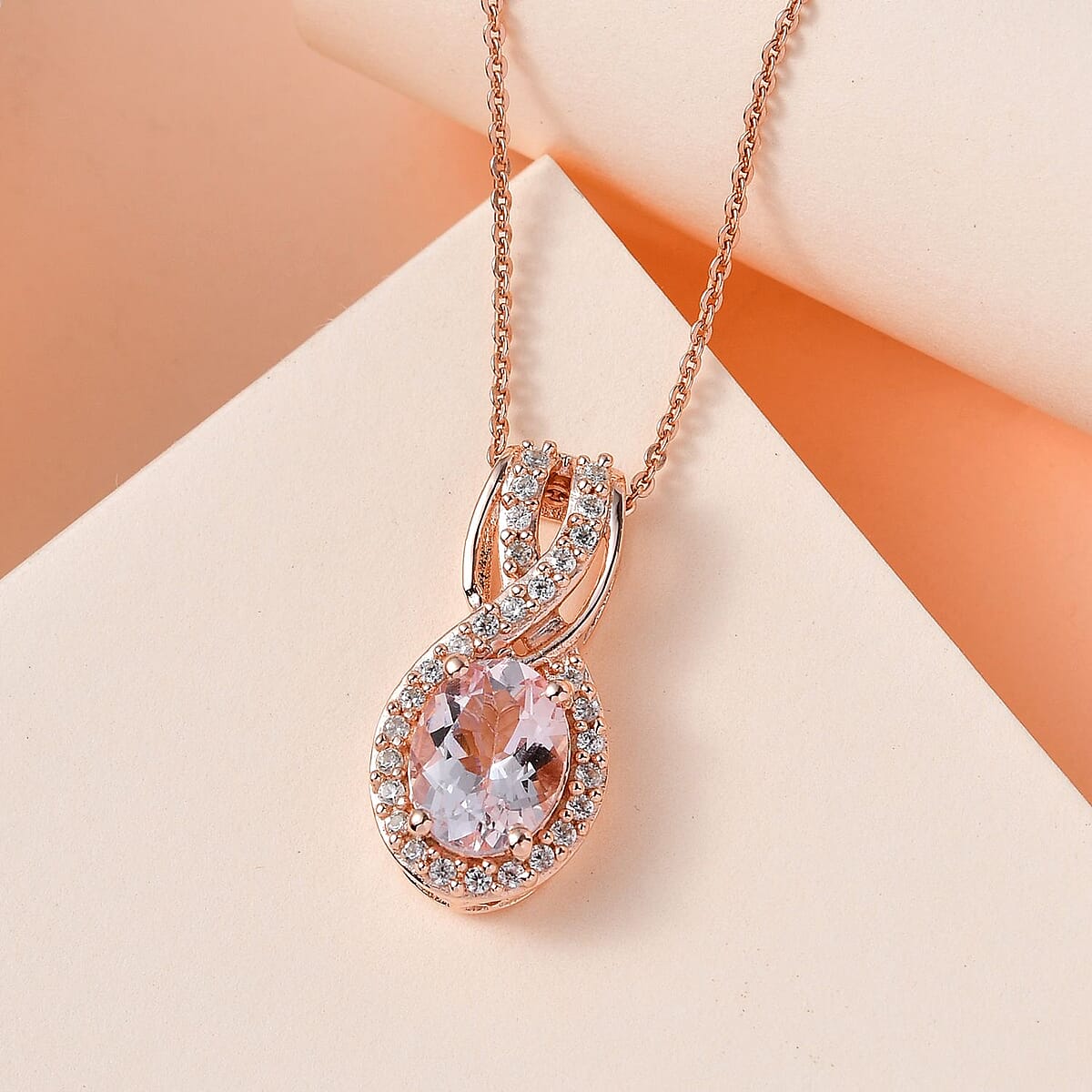Pink Morganite and White Zircon Pendant Necklace 20 Inches in Vermeil Rose Gold Over Sterling Silver 2.00 ctw image number 1