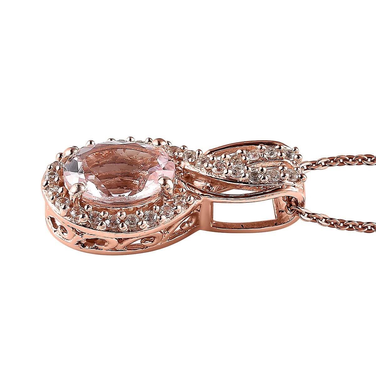 Pink Morganite and White Zircon Pendant Necklace 20 Inches in Vermeil Rose Gold Over Sterling Silver 2.00 ctw image number 3