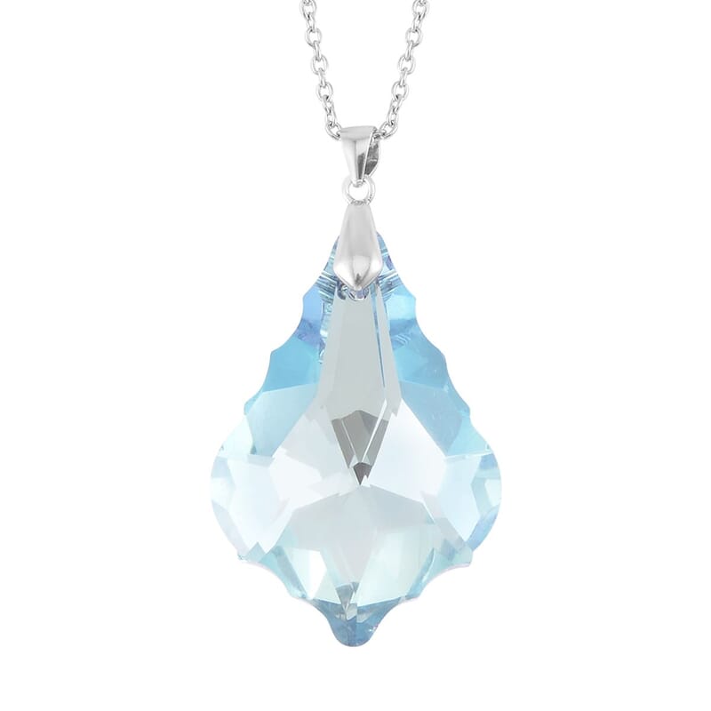 Simulated Aquamarine Pendant in Rhodium Over Sterling Silver with Stainless Steel Necklace 20 Inches