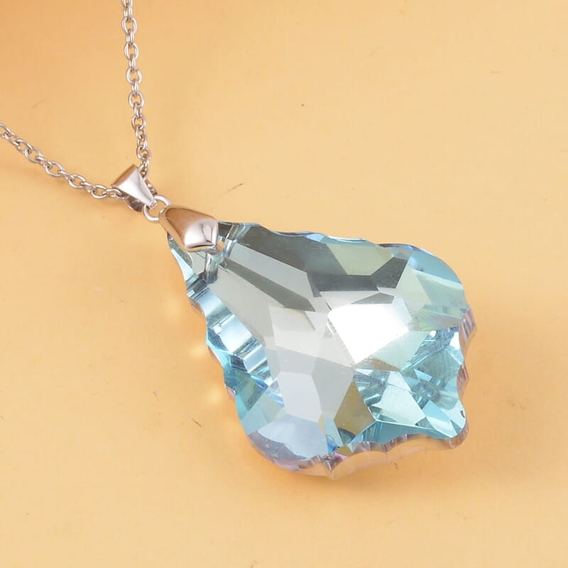 Simulated Aquamarine Pendant in Rhodium Over Sterling Silver with Stainless Steel Necklace 20 Inches