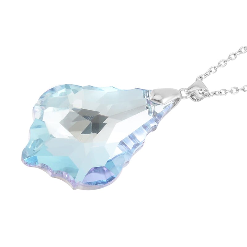 Simulated Aquamarine Pendant in Rhodium Over Sterling Silver with Stainless Steel Necklace 20 Inches