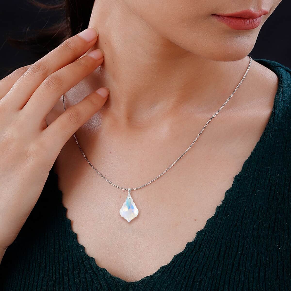 Simulated White Mystic Color Quartz Pendant in Rhodium Over Sterling Silver with Stainless Steel Necklace 20 Inches image number 2