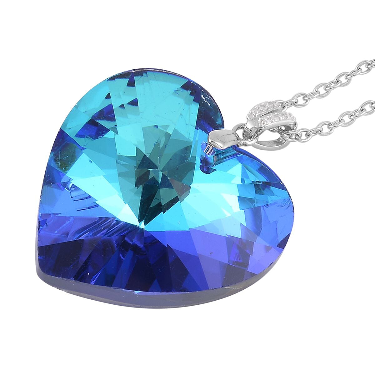 Simulated Blue Sapphire Heart Pendant in Rhodium Over Sterling Silver with Stainless Steel Necklace 20 Inches