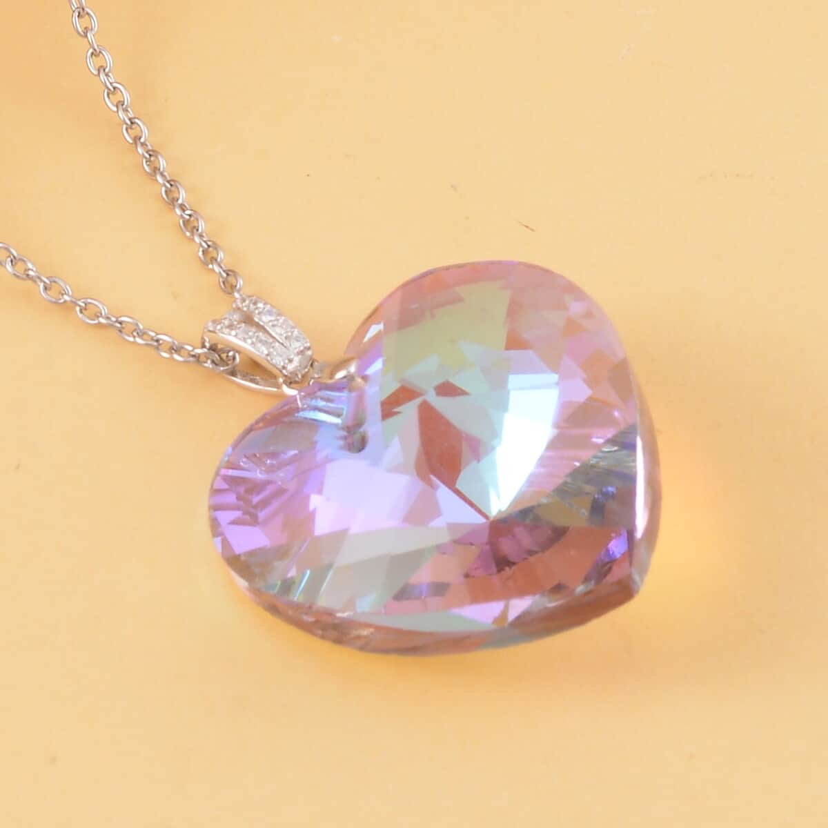 Simulated Pink Magic Color Quartz Heart Pendant in Rhodium Over Sterling Silver with Stainless Steel Necklace 20 Inches image number 1