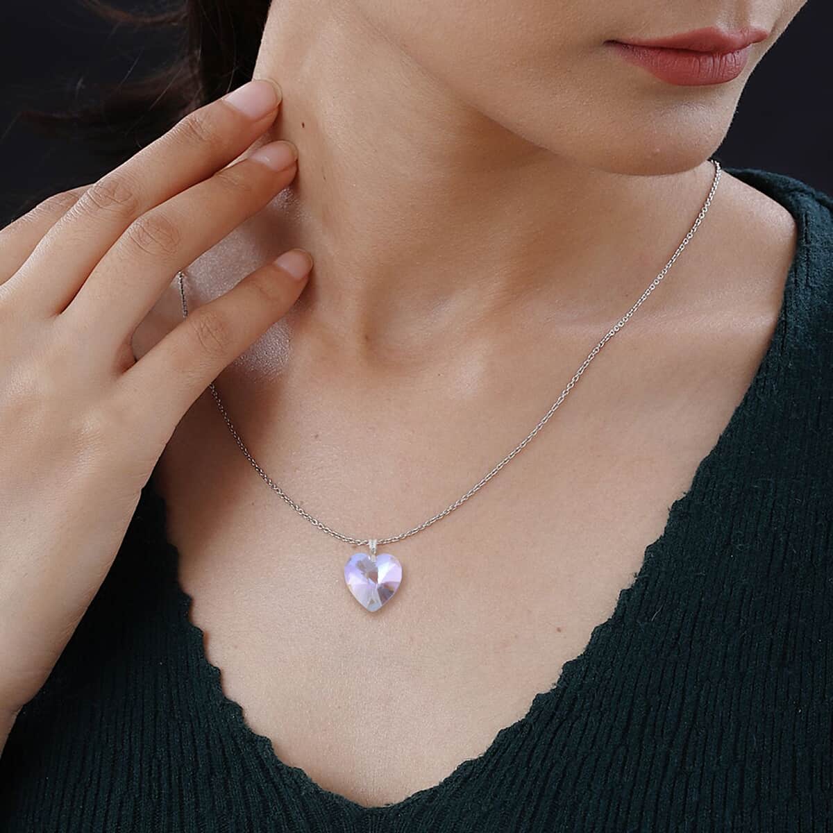 Simulated Pink Magic Color Quartz Heart Pendant in Rhodium Over Sterling Silver with Stainless Steel Necklace 20 Inches image number 2