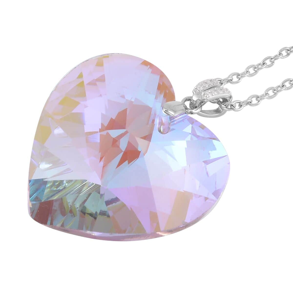 Simulated Pink Magic Color Quartz Heart Pendant in Rhodium Over Sterling Silver with Stainless Steel Necklace 20 Inches image number 3