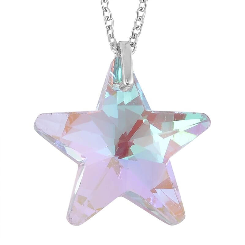 Simulated Pink Magic Color Quartz Star Pendant in Rhodium Over Sterling Silver and Stainless Steel Necklace 20 Inches