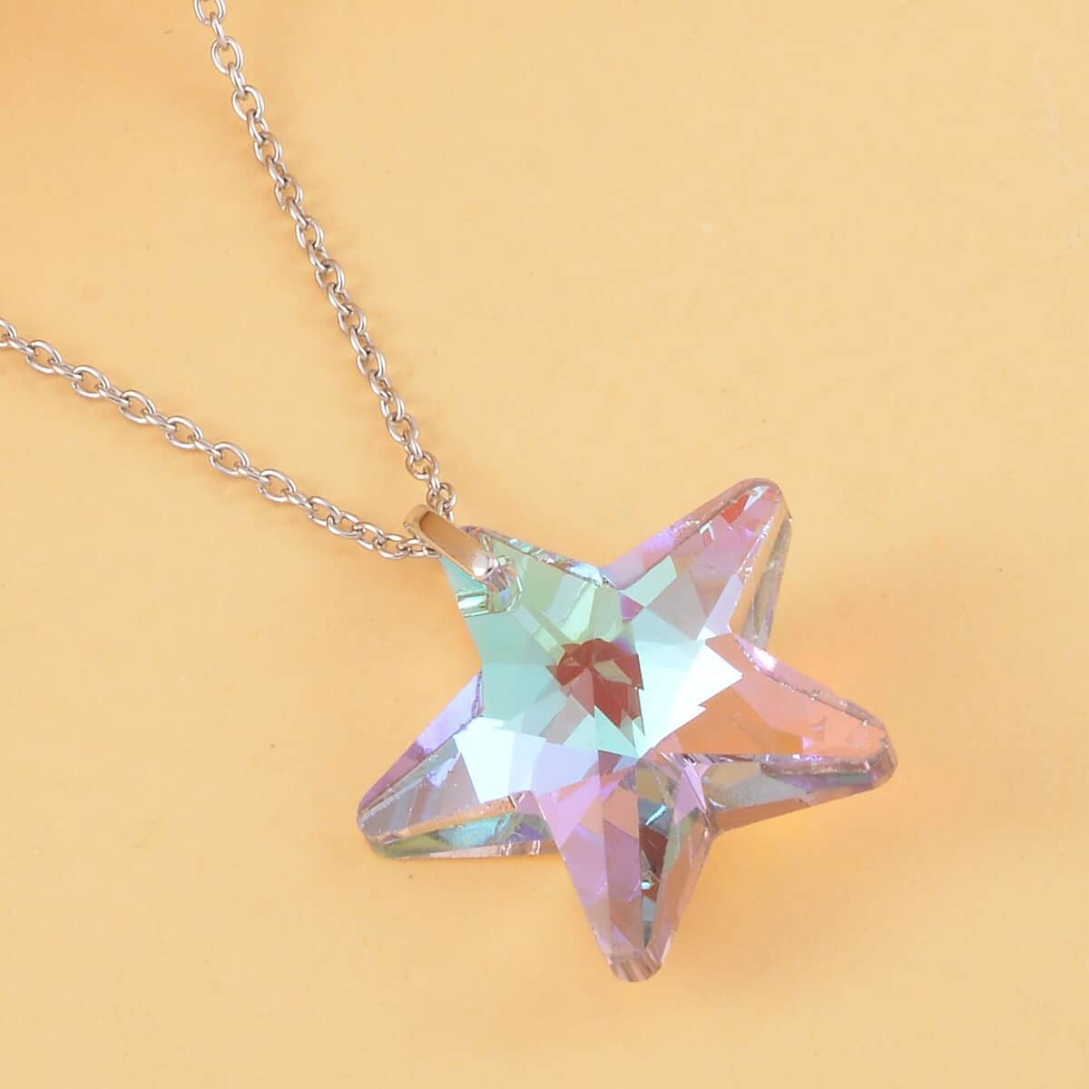 Simulated Pink Magic Color Quartz Star Pendant in Rhodium Over Sterling Silver and Stainless Steel Necklace 20 Inches image number 1