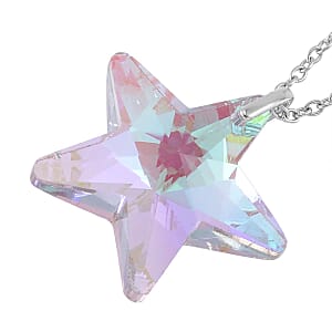 Simulated Pink Magic Color Quartz Star Pendant in Rhodium Over Sterling Silver and Stainless Steel Necklace 20 Inches