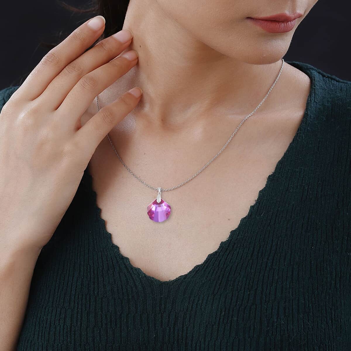 Simulated Fuchsia Color Quartz Pendant in Rhodium Over Sterling Silver with Stainless Steel Necklace 20 Inches image number 2