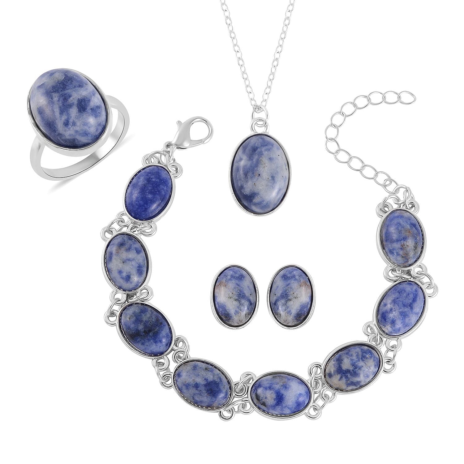 Sodalite Bracelet (7.5-9.5In), Stud Earrings, Ring (Size 5.0) and Pendant Necklace 18 Inches in Silvertone 110.00 ctw