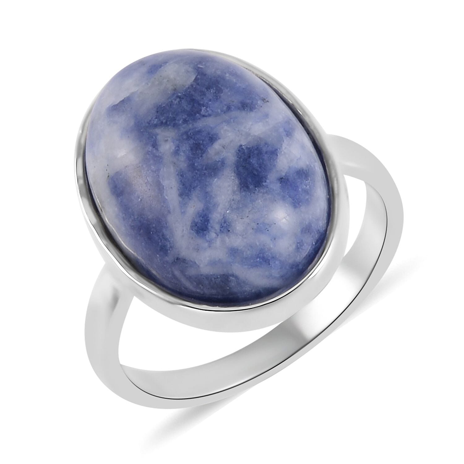 Sodalite Bracelet (7.5-9.5In), Stud Earrings, Ring (Size 5.0) and Pendant Necklace 18 Inches in Silvertone 110.00 ctw