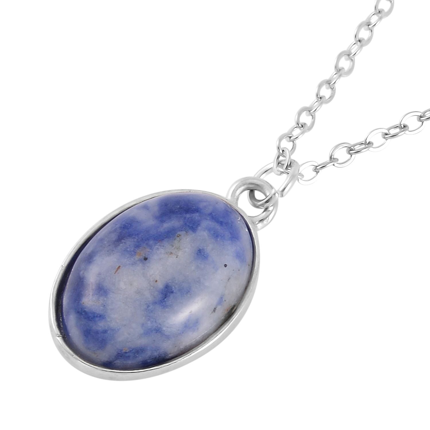 Sodalite Bracelet (7.5-9.5In), Stud Earrings, Ring (Size 5.0) and Pendant Necklace 18 Inches in Silvertone 110.00 ctw