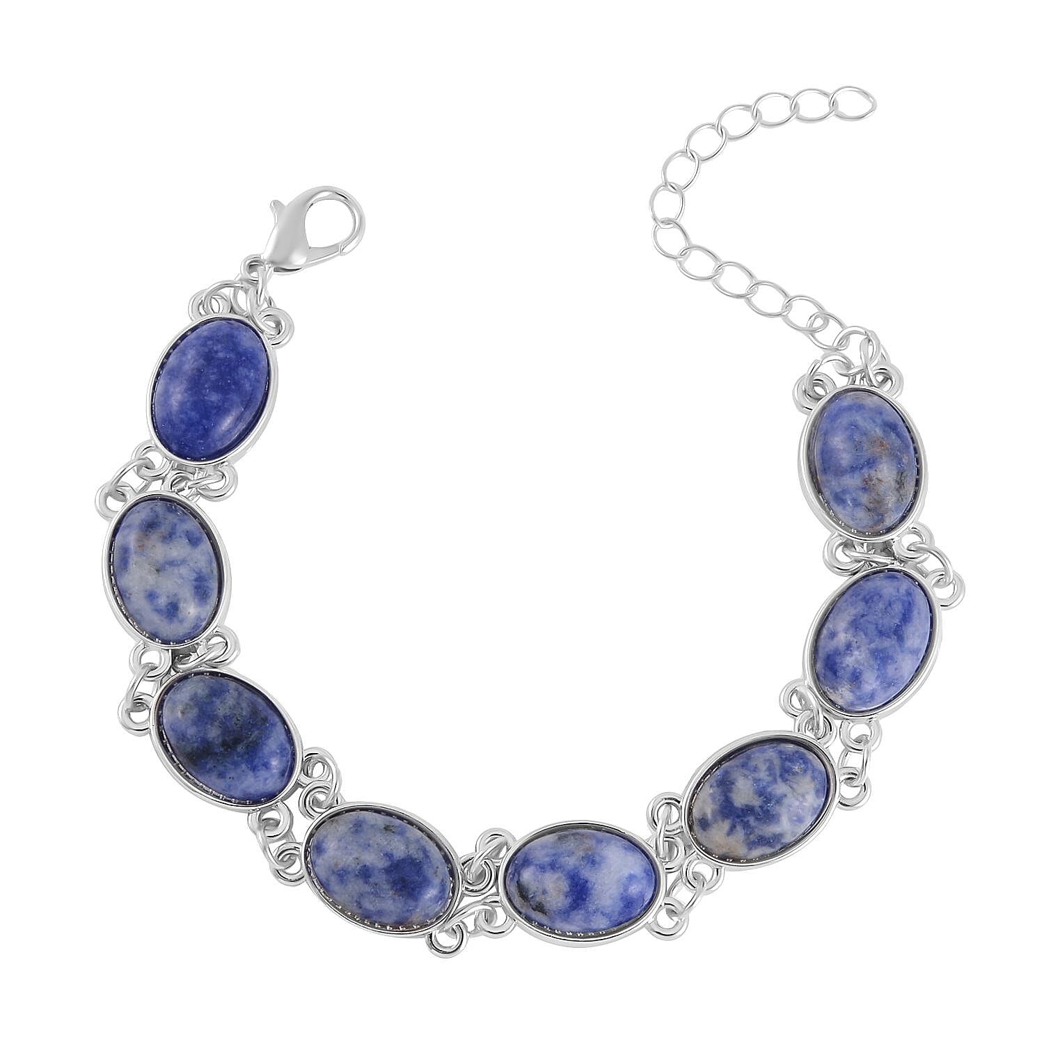 Sodalite Bracelet (7.5-9.5In), Stud Earrings, Ring (Size 5.0) and Pendant Necklace 18 Inches in Silvertone 110.00 ctw