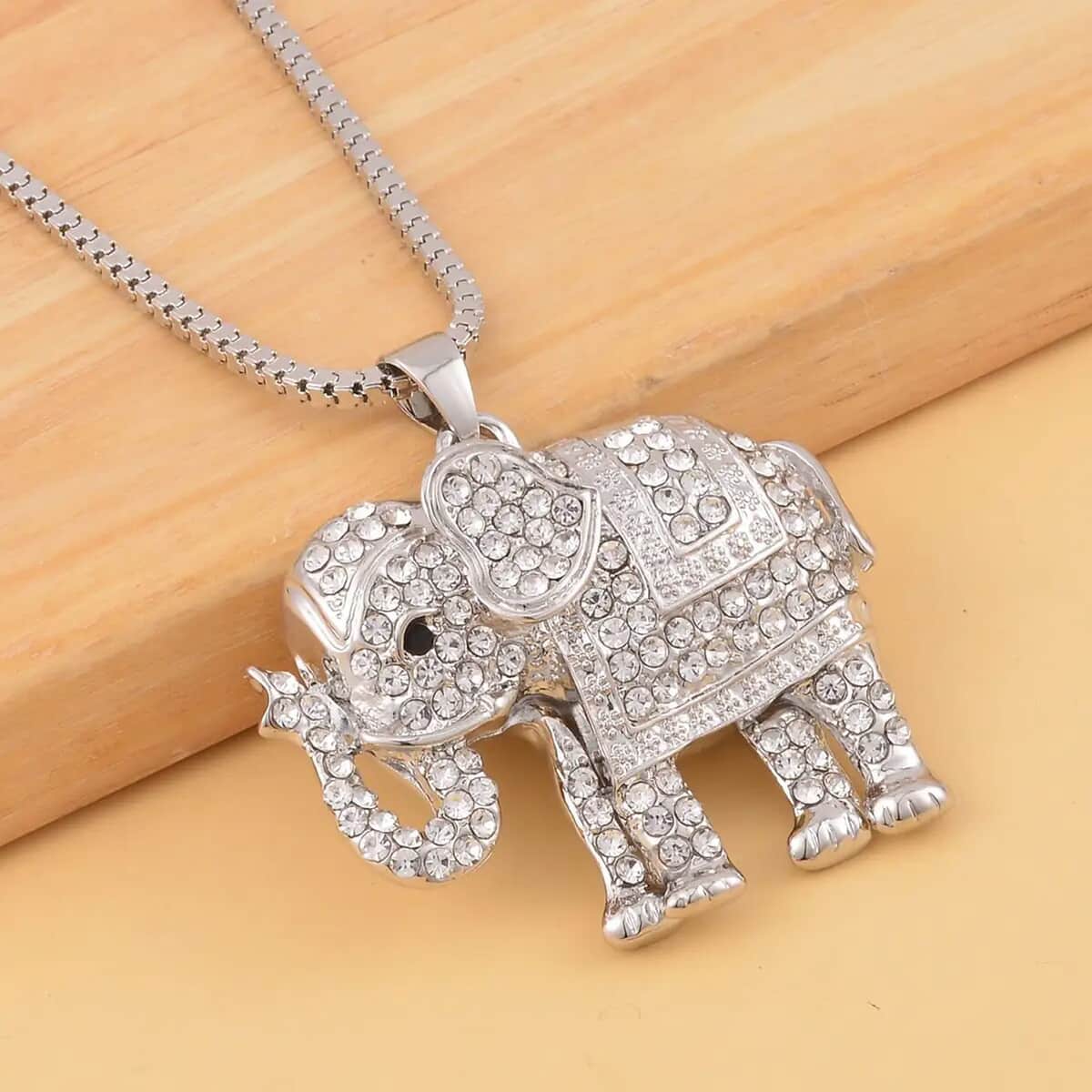 Black and White Austrian Crystal Elephant Pendant Necklace 29-31 Inches in Silvertone image number 1