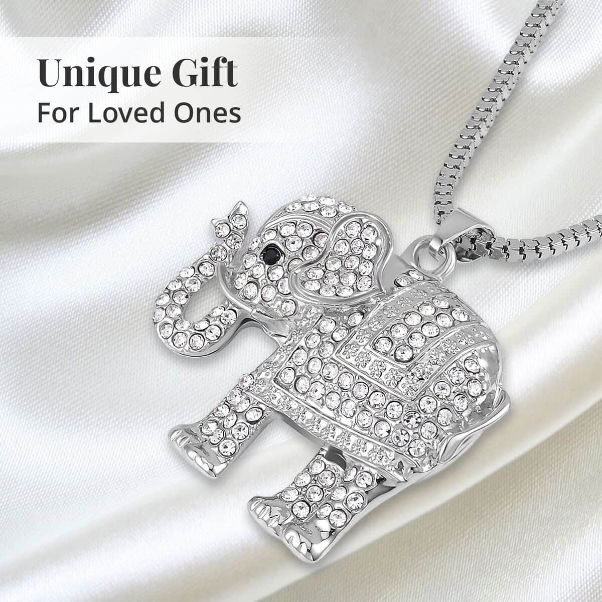 Black and White Austrian Crystal Elephant Pendant Necklace 29-31 Inches in Silvertone image number 4