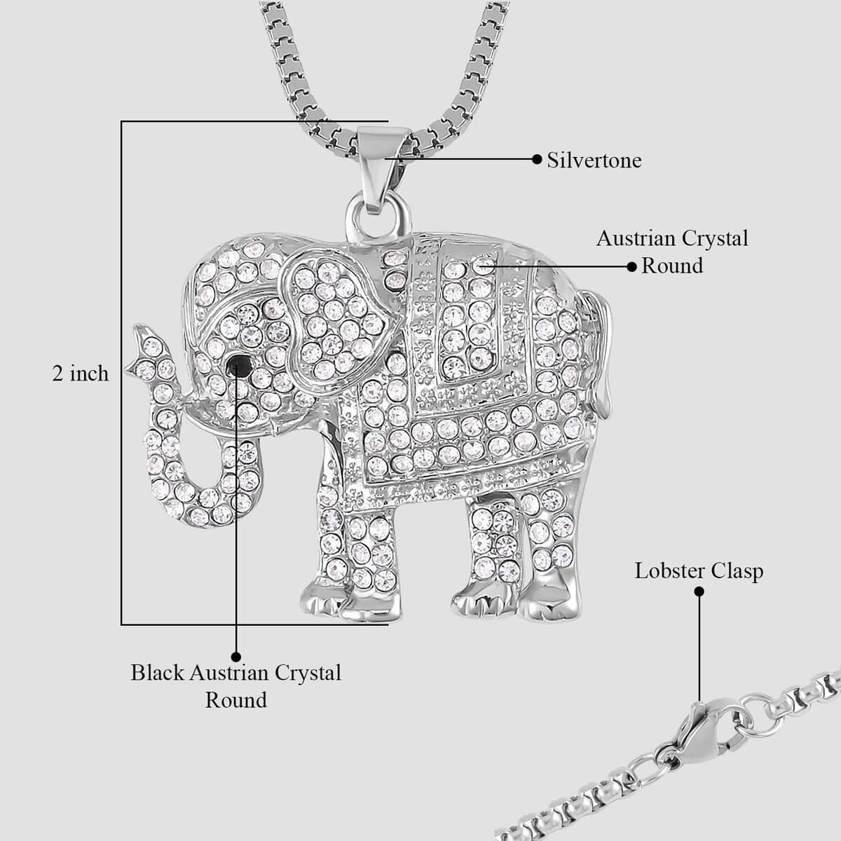 Black and White Austrian Crystal Elephant Pendant Necklace 29-31 Inches in Silvertone image number 5
