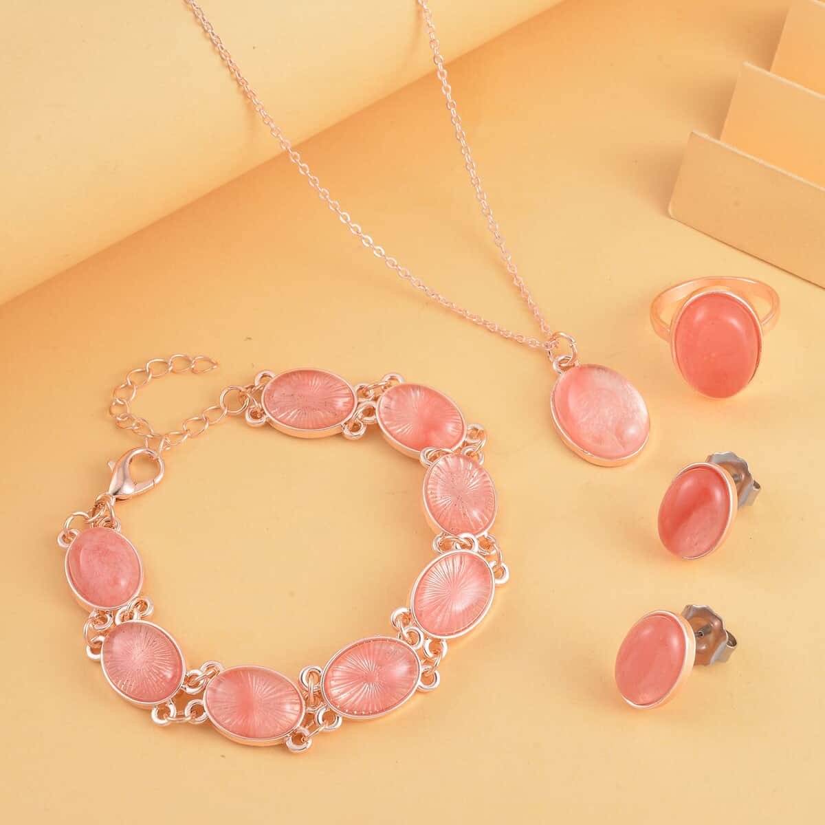 TLV Set of 4 Cherry Quartz Beaded Bracelet (7.5-9.5In), Stud Earrings, Ring (Size 5.0) and Pendant Necklace (18 Inches) in Rosetone 110.00 ctw image number 1