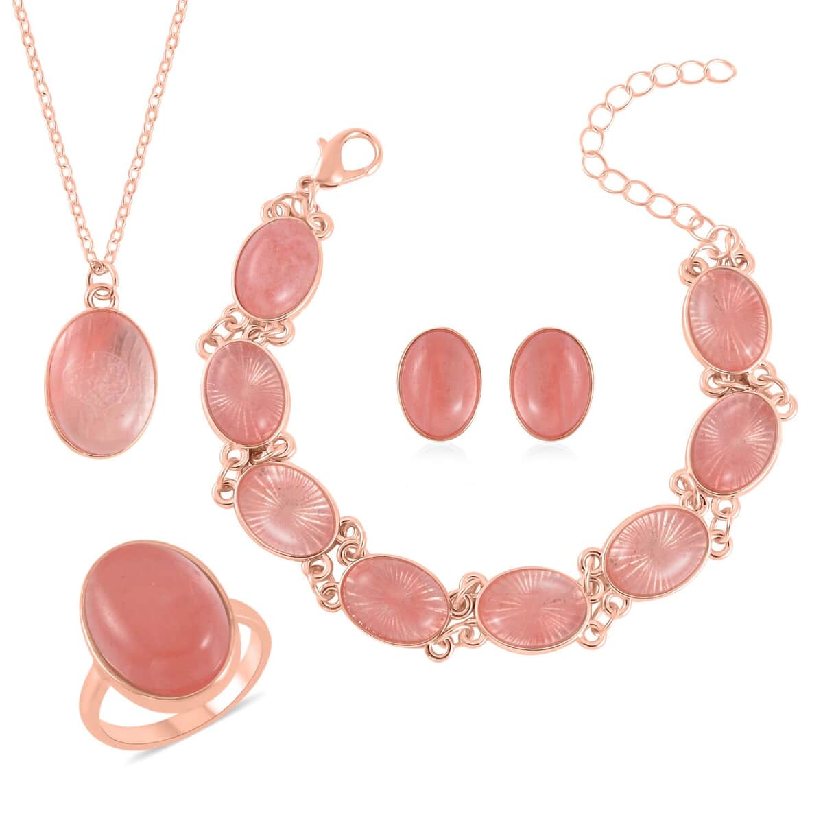 Cherry Quartz Bracelet (7.5-9.5In), Stud Earrings, Ring (Size 8.0) and Pendant Necklace 18 Inches in Rosetone 110.00 ctw image number 0