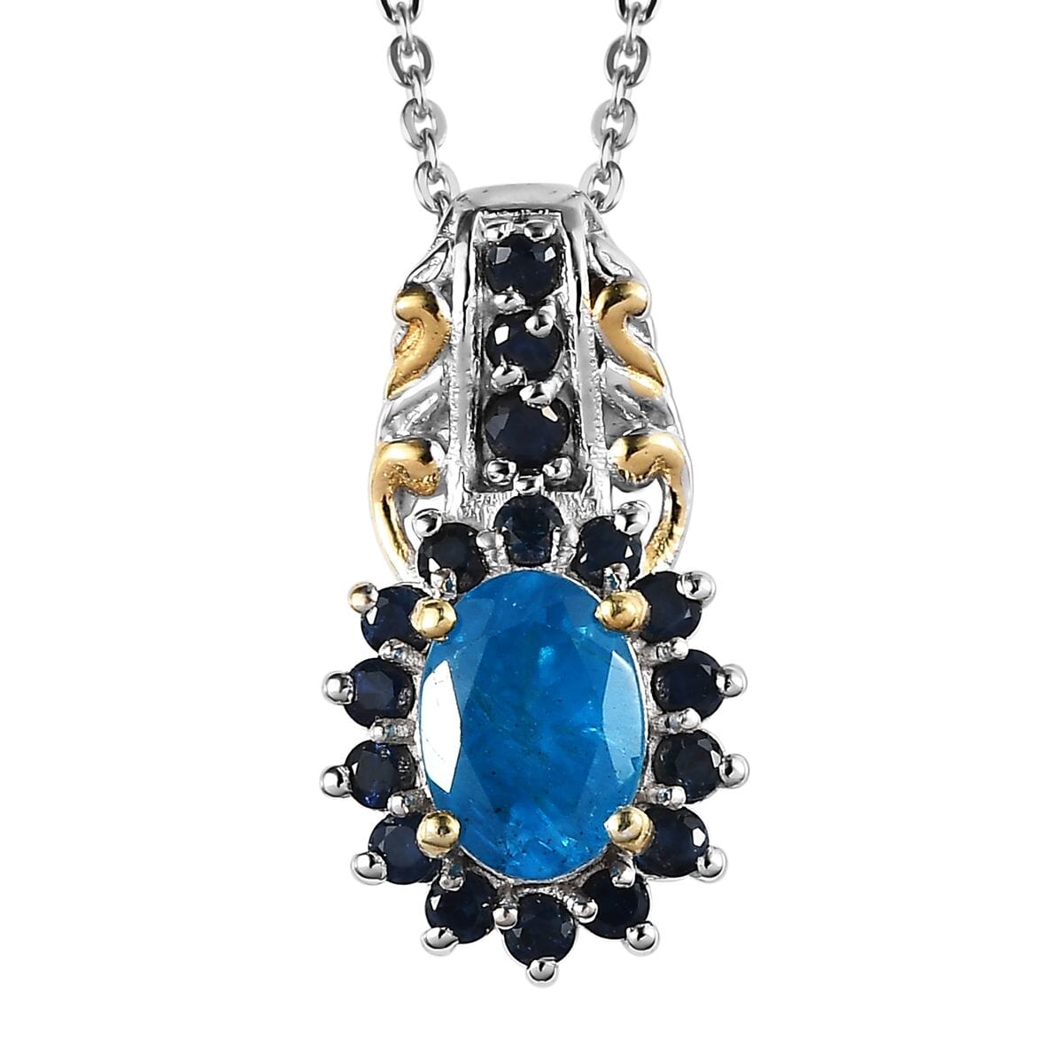 Malgache Neon Apatite and Kanchanaburi Blue Sapphire Pendant Necklace 20 Inches in Vermeil YG and Platinum Over Sterling Silver 1.20 ctw image number 0