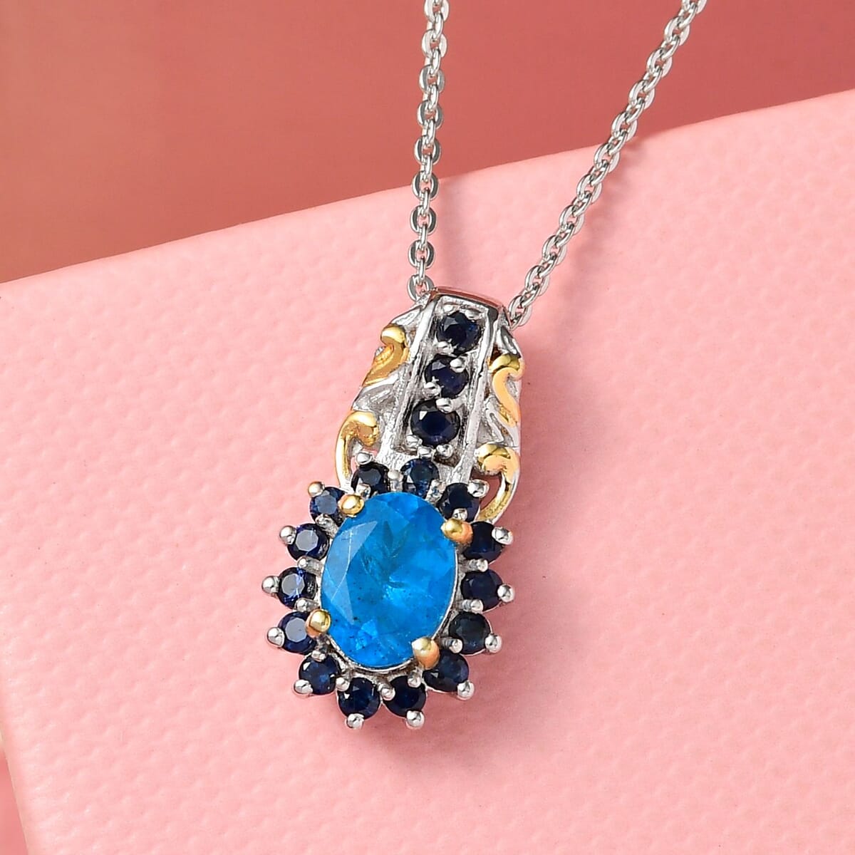 Malgache Neon Apatite and Kanchanaburi Blue Sapphire Pendant Necklace 20 Inches in Vermeil YG and Platinum Over Sterling Silver 1.20 ctw image number 1