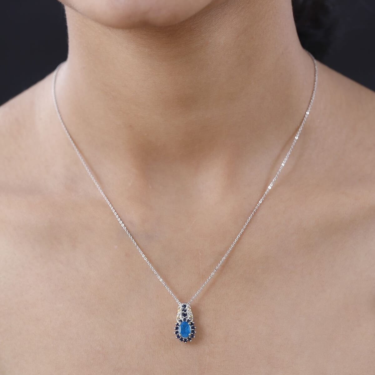 Malgache Neon Apatite and Kanchanaburi Blue Sapphire Pendant Necklace 20 Inches in Vermeil YG and Platinum Over Sterling Silver 1.20 ctw image number 2