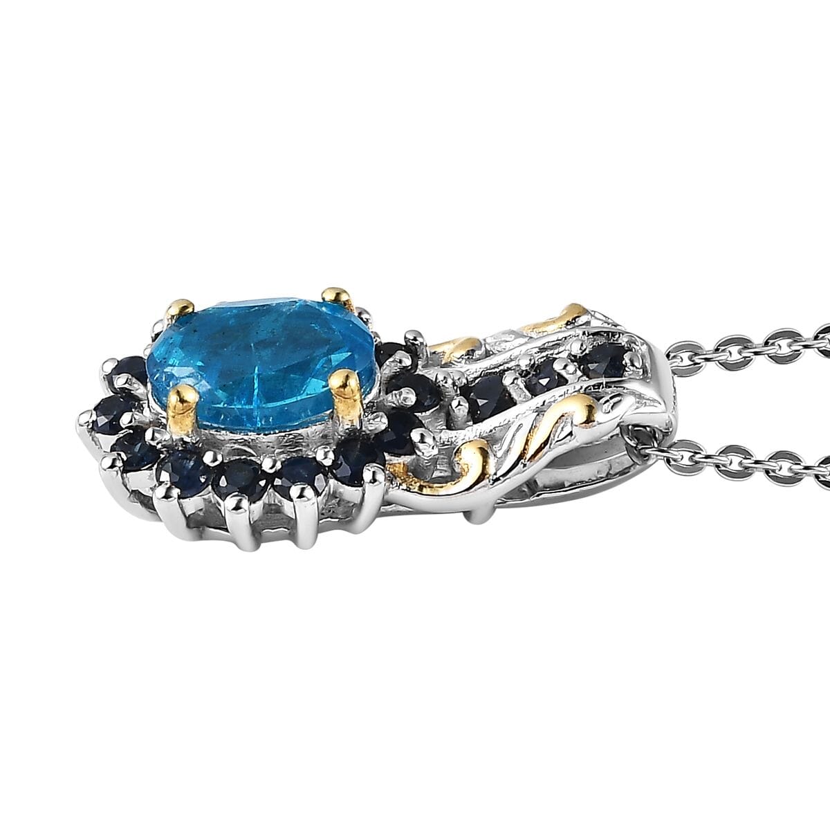 Malgache Neon Apatite and Kanchanaburi Blue Sapphire Pendant Necklace 20 Inches in Vermeil YG and Platinum Over Sterling Silver 1.20 ctw image number 3