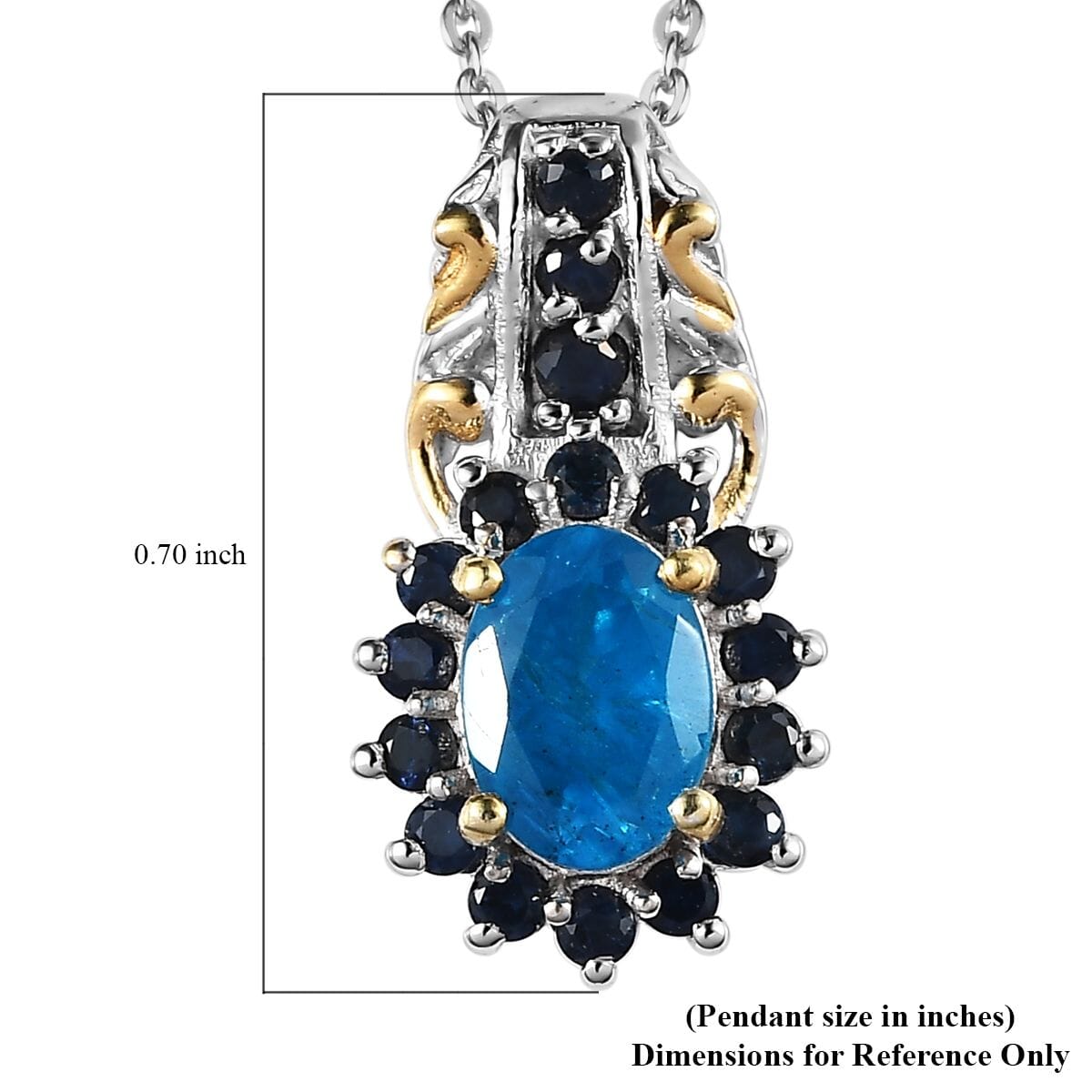 Malgache Neon Apatite and Kanchanaburi Blue Sapphire Pendant Necklace 20 Inches in Vermeil YG and Platinum Over Sterling Silver 1.20 ctw image number 6