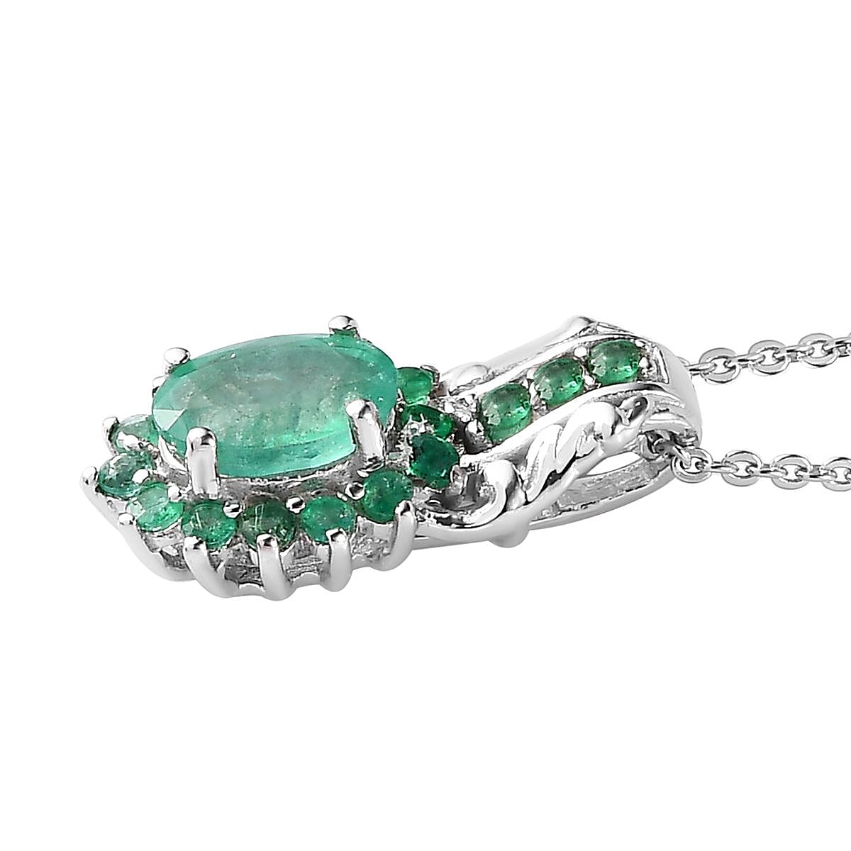 Kagem Zambian Emerald Pendant Necklace 20 Inches in Platinum Over Sterling Silver 1.00 ctw image number 3