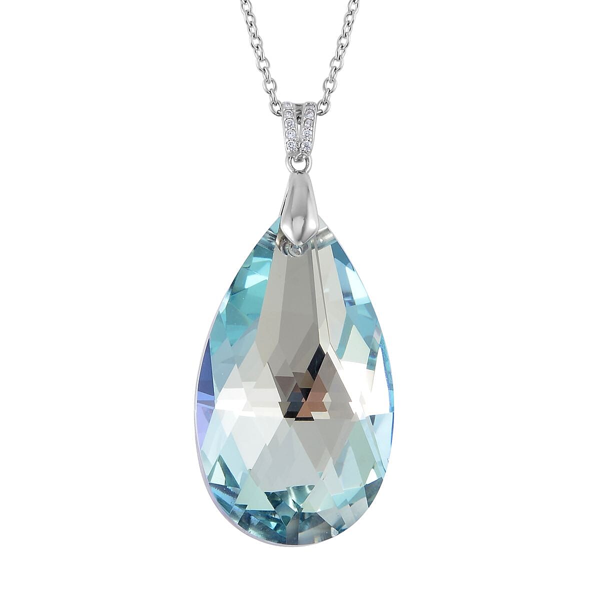 Simulated Aquamarine Solitaire Pendant in Sterling Silver with Stainless Steel Necklace 20 Inches