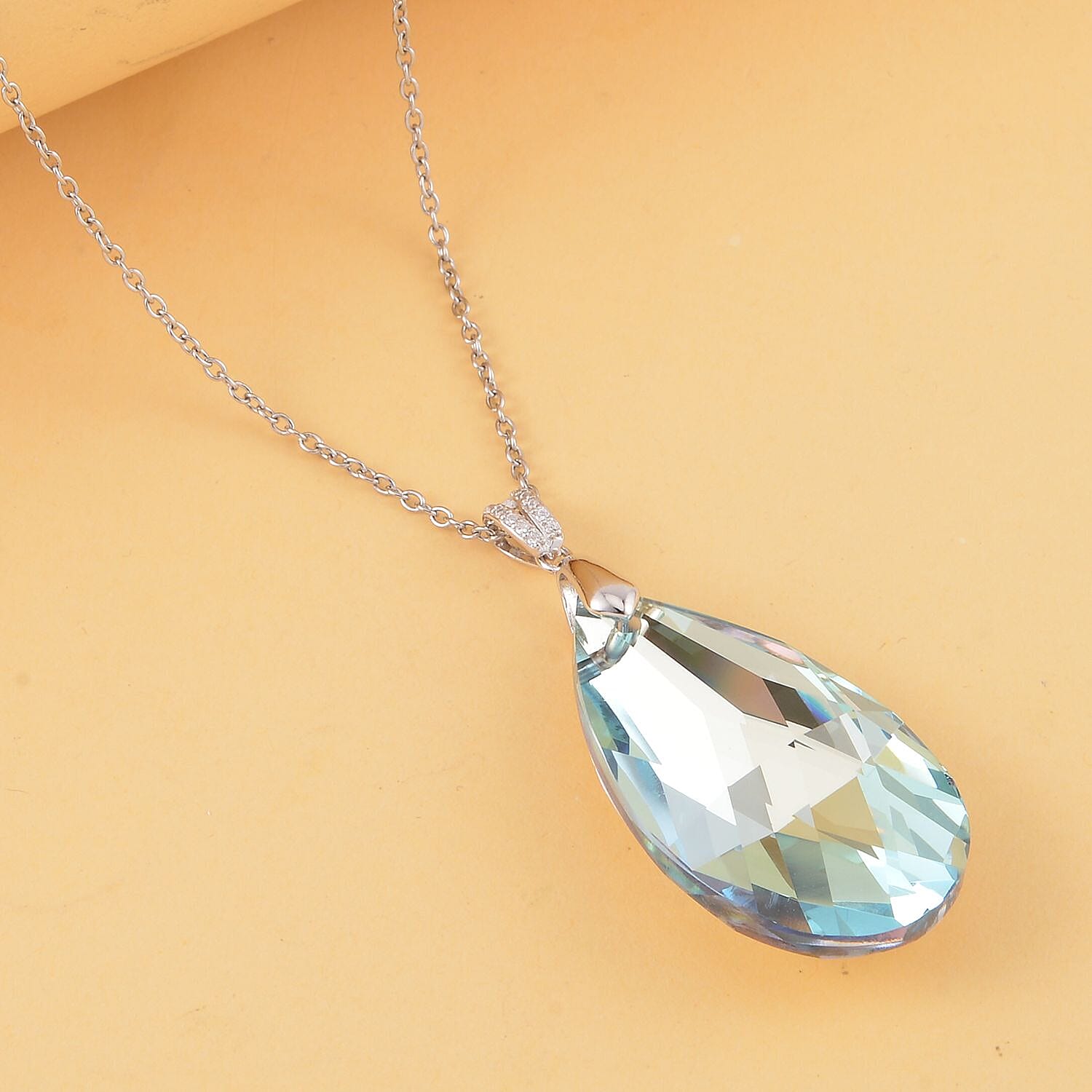 Simulated Aquamarine Solitaire Pendant in Sterling Silver with Stainless Steel Necklace 20 Inches