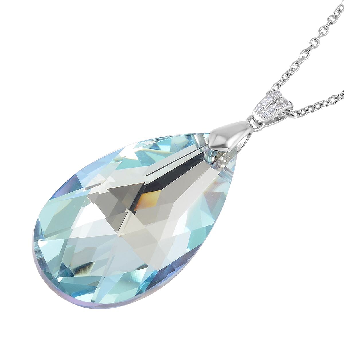 Simulated Aquamarine Solitaire Pendant in Sterling Silver with Stainless Steel Necklace 20 Inches