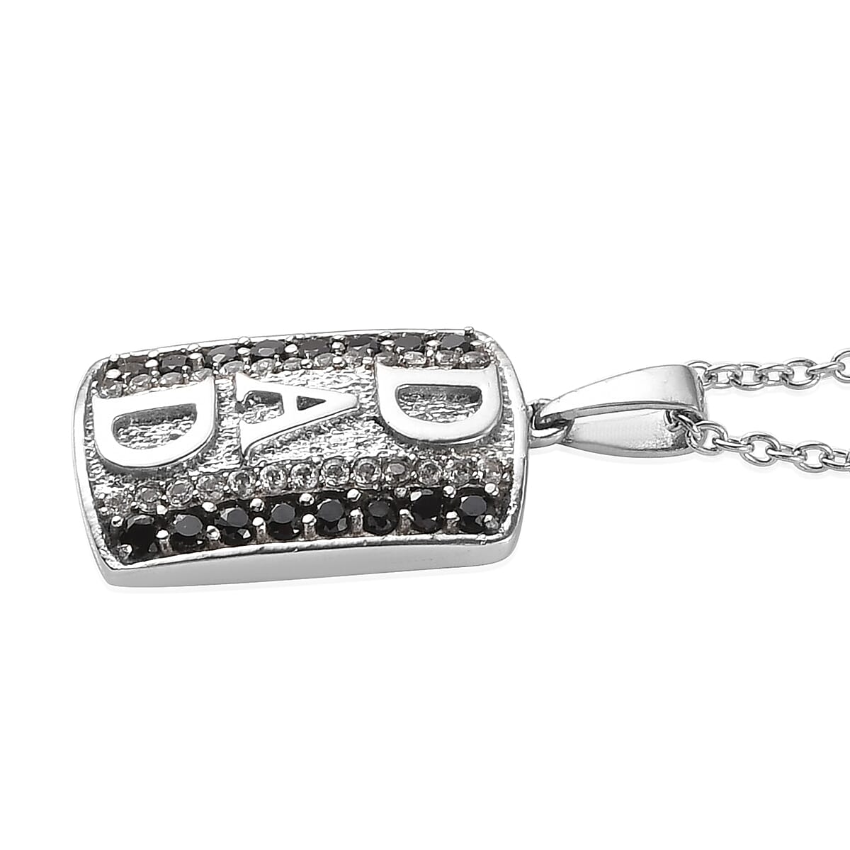 Thai Black Spinel, White Zircon DAD Men's Pendant Necklace (20 Inches) in Stainless Steel 1.00 ctw , Tarnish-Free, Waterproof, Sweat Proof Jewelry image number 3