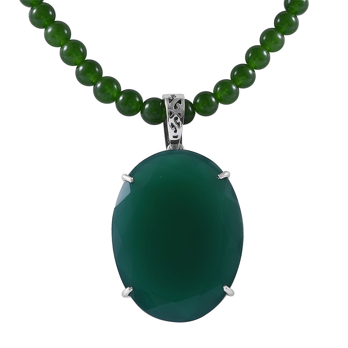 Verde Onyx Pendant with Beaded Necklace 18 Inches in Platinum Over Sterling Silver 156.50 ctw