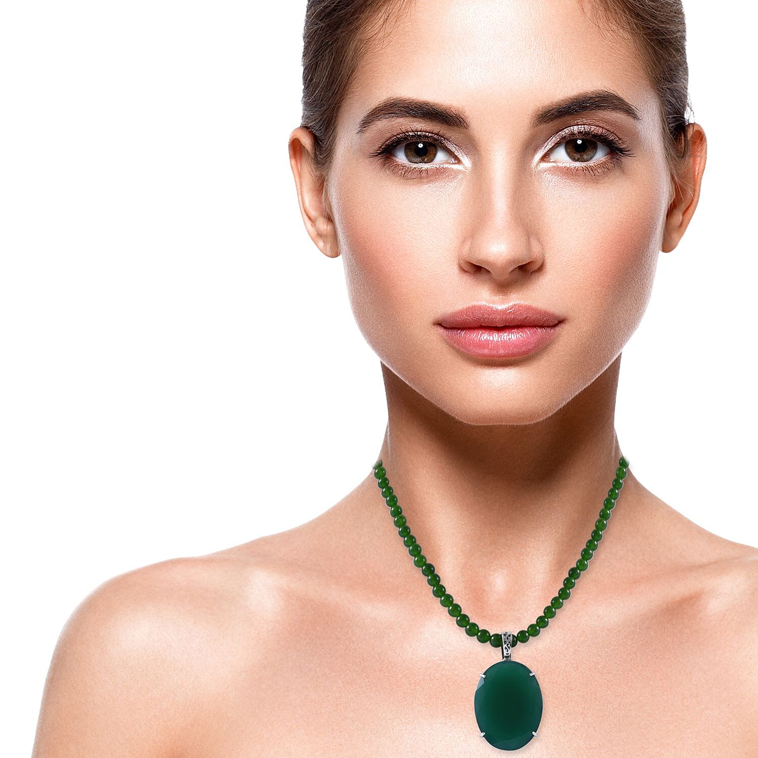 Verde Onyx Pendant with Beaded Necklace 18 Inches in Platinum Over Sterling Silver 156.50 ctw