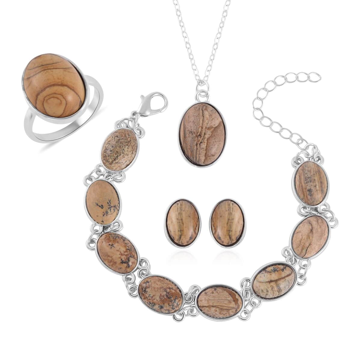 Picture Jasper Bracelet (7.5-9.5In), Stud Earrings, Ring (Size 6.0) and Pendant Necklace 18 Inches in Silvertone 110.00 ctw image number 0