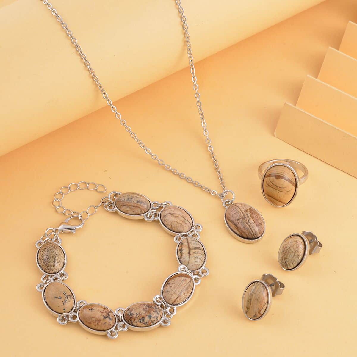 Picture Jasper Bracelet (7.5-9.5In), Stud Earrings, Ring (Size 6.0) and Pendant Necklace 18 Inches in Silvertone 110.00 ctw image number 1