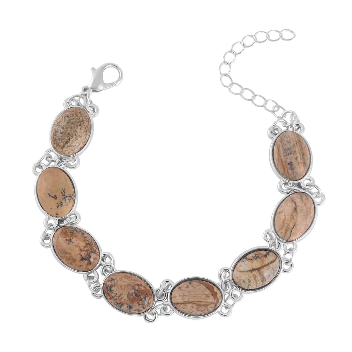 Picture Jasper Bracelet (7.5-9.5In), Stud Earrings, Ring (Size 6.0) and Pendant Necklace 18 Inches in Silvertone 110.00 ctw image number 7