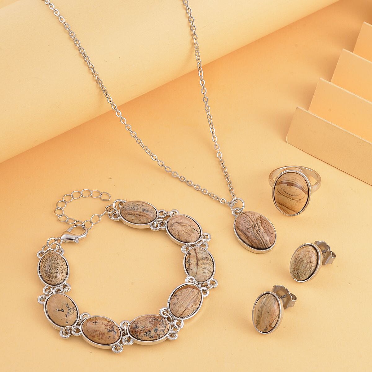 Picture Jasper Bracelet (7.5-9.5In), Stud Earrings, Ring (Size 10.0) and Pendant Necklace 18 Inches in Silvertone 110.00 ctw image number 1