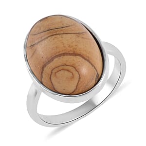 Picture Jasper Bracelet (7.5-9.5In), Stud Earrings, Ring (Size 10.0) and Pendant Necklace 18 Inches in Silvertone 110.00 ctw