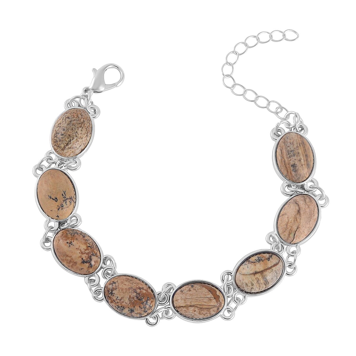 Picture Jasper Bracelet (7.5-9.5In), Stud Earrings, Ring (Size 10.0) and Pendant Necklace 18 Inches in Silvertone 110.00 ctw image number 7
