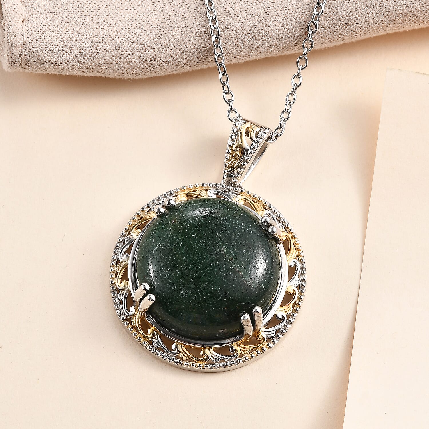 Karis Green Aventurine Pendant in 18K YG Plated and Platinum Bond with ION Plated YG Stainless Steel Necklace 20 Inches 30.00 ctw