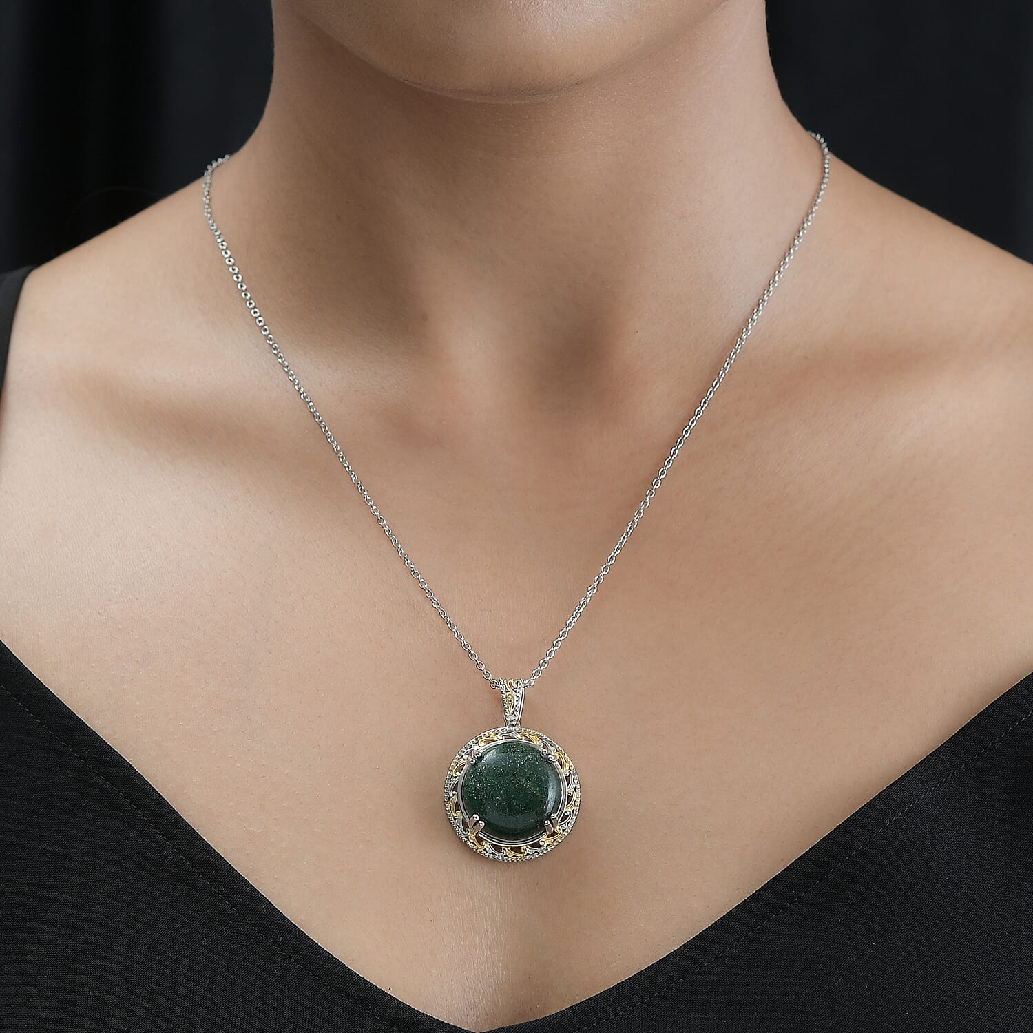 Karis Green Aventurine Pendant in 18K YG Plated and Platinum Bond with ION Plated YG Stainless Steel Necklace 20 Inches 30.00 ctw