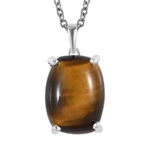 Tiger's Eye Solitaire Pendant in Sterling Silver with Stainless Steel Necklace 20 Inches 10.85 ctw